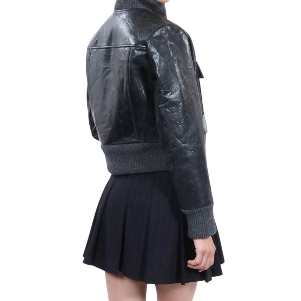 The Kooples Black Distressed Leather‎ Bomber Cropped Jacket Size FR 3 US 8 L - Picture 11 of 13